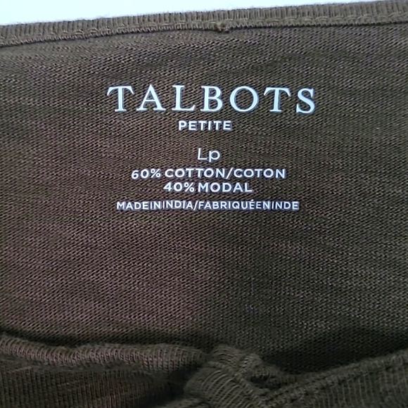 Talbots 3/4 Sleeve Knit Top Eyelet Lace Tie Neck Olive Green Large Petite - Picture 5 of 6